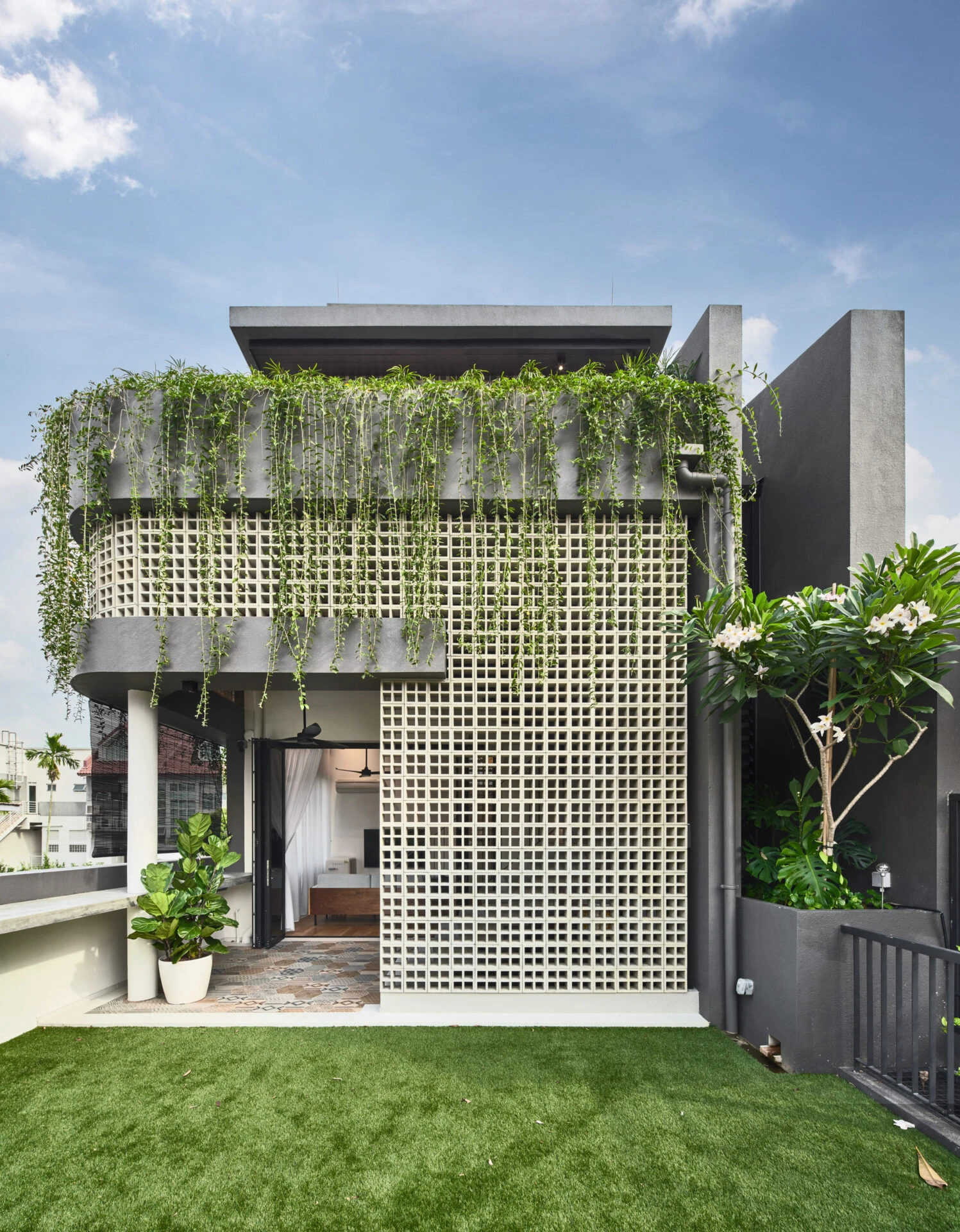 Exterior view from balcony in modern residential project.