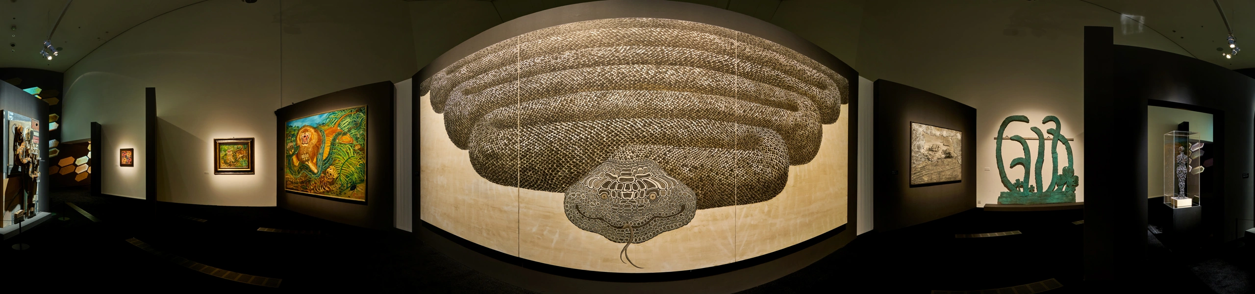 360 panorama of Bulgari Serpentiform at ArtScience Museum Singapore with gold bracelet displays and amber-toned projections