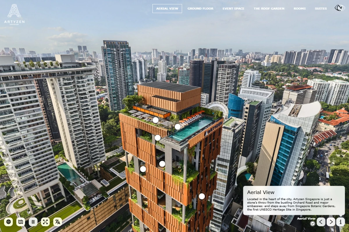 Artyzen Singapore aerial 360 showing the hotel, surrounding city and waypoint hotspots