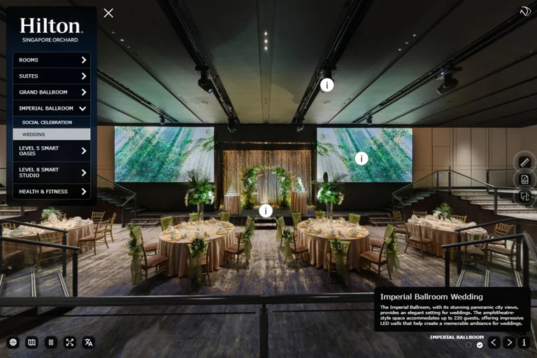 Hilton Singapore Orchard 360 virtual tour interface showing the Imperial Ballroom set for a wedding with banquet tables, stage, LED screens, hotspots, and side navigation menu.