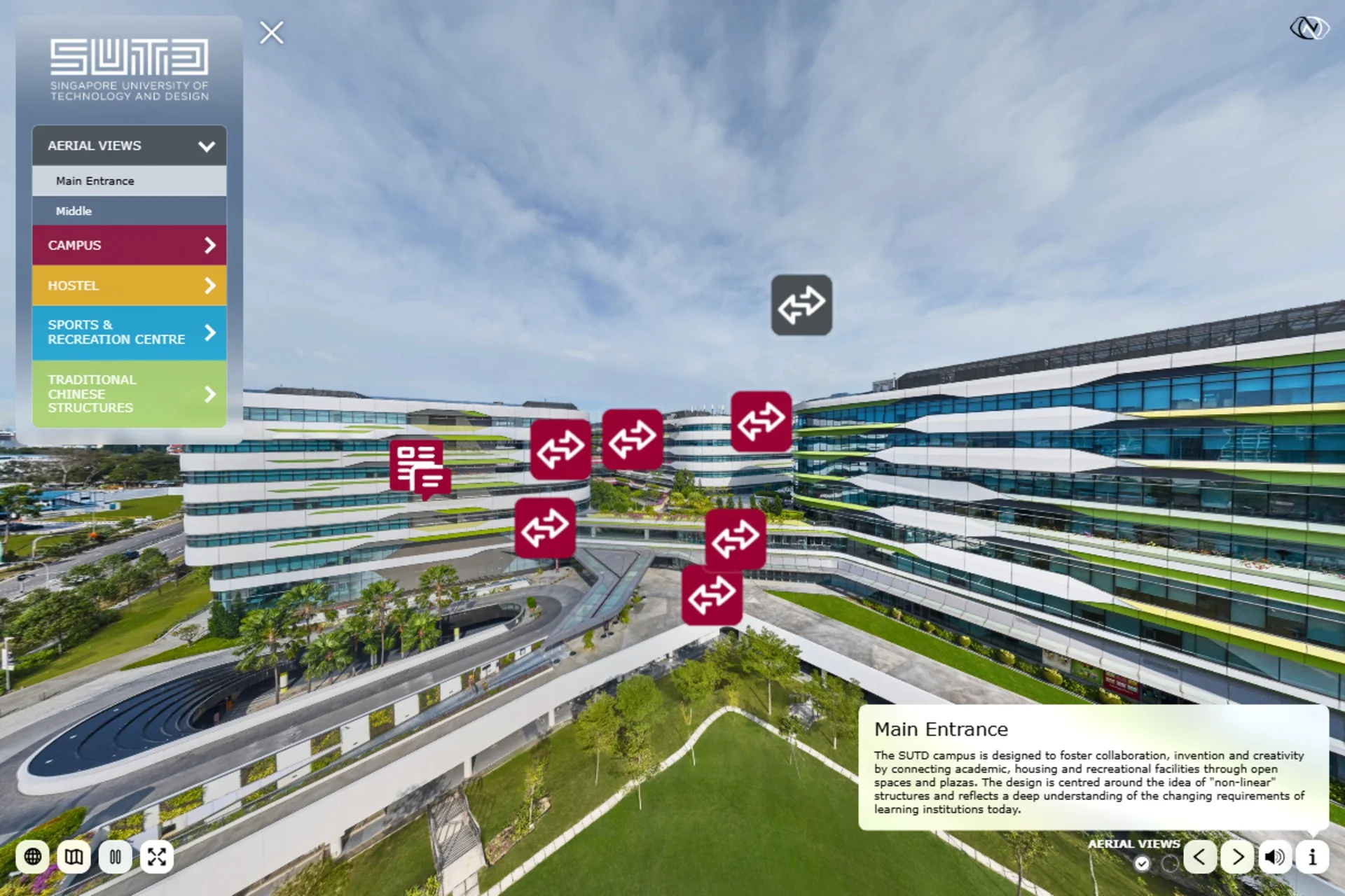 Aerial 360 view of the SUTD campus with section navigation and scene information.