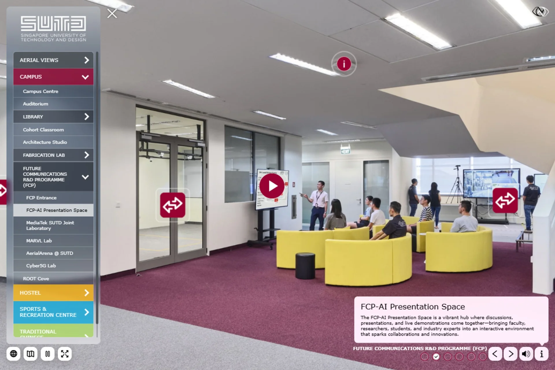Colour-coded campus navigation and scene information in the FCP-AI Presentation Space.