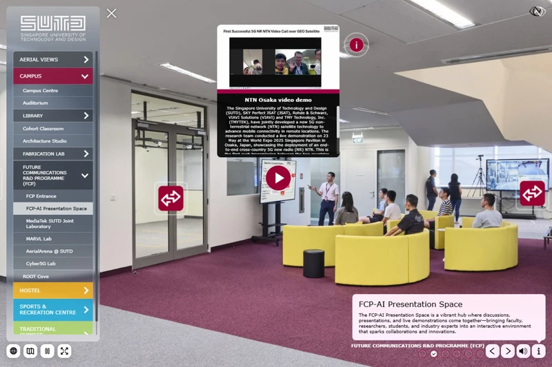 SUTD virtual tour showing a video popup in the FCP-AI Presentation Space