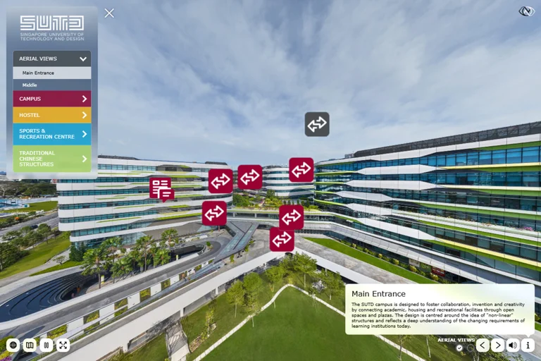 Aerial 360 view of the SUTD campus with section navigation and scene information.