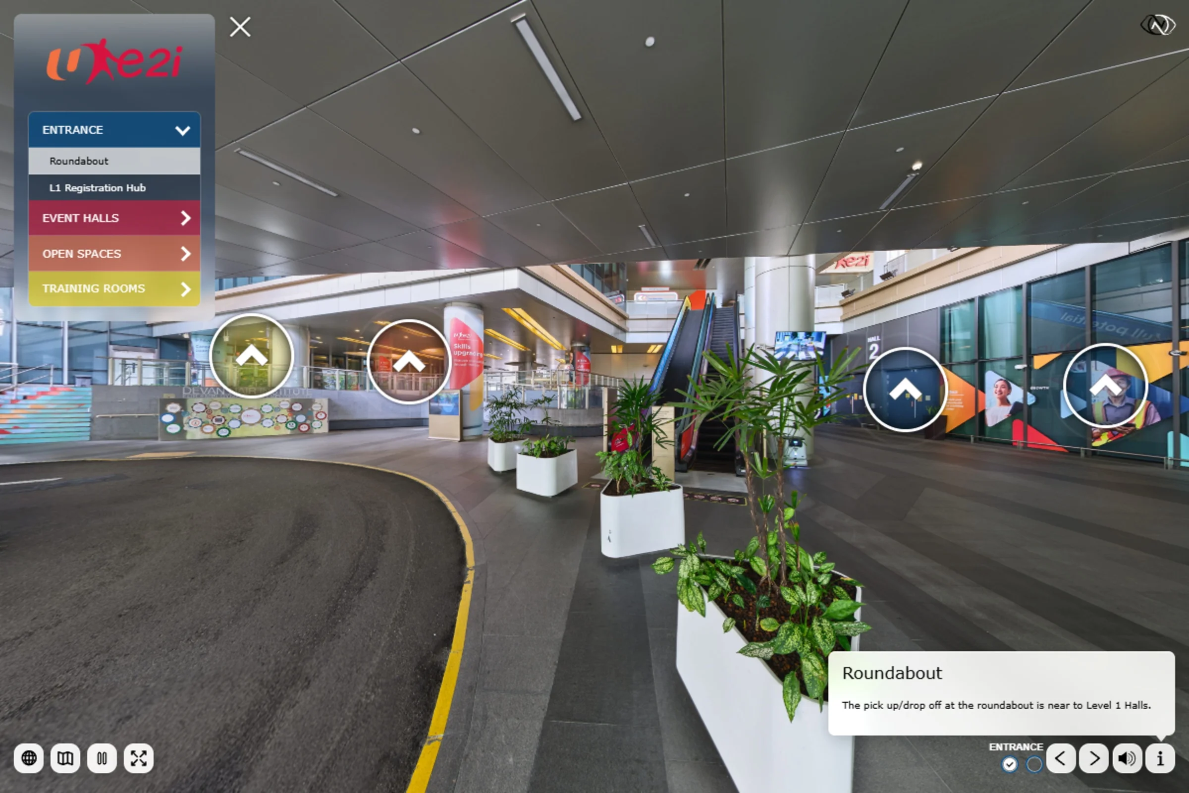 Section-based navigation and venue information within the e2i virtual tour.