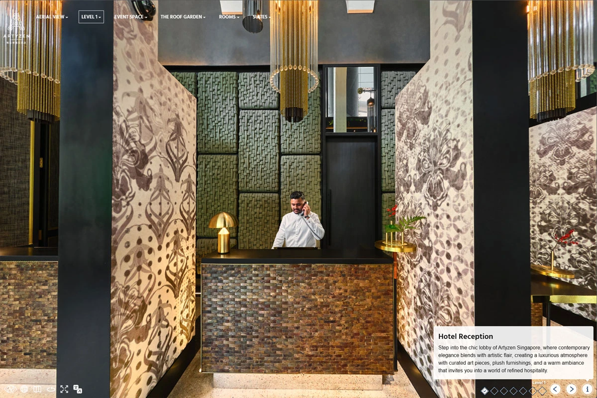 Hotel reception desk with artistic wall panels and gold pendant lighting at Artyzen Singapore boutique hotel virtual tour