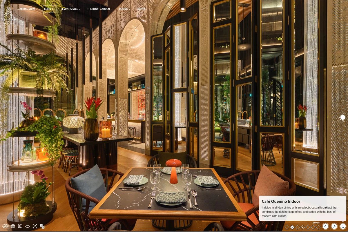 Cafe Quenino indoor dining area with elegant table setting and lush greenery at Artyzen Singapore boutique hotel virtual tour