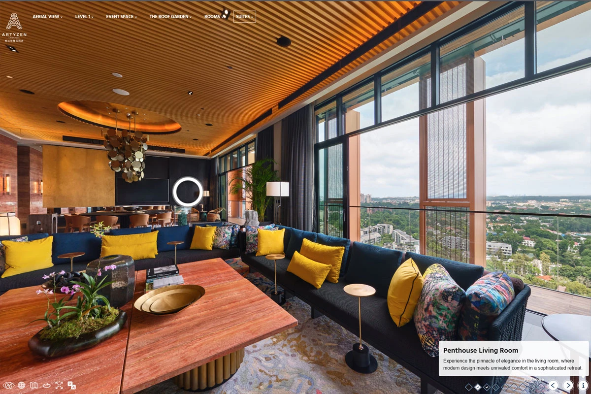 Penthouse living room with panoramic views and designer furnishings at Artyzen Singapore boutique hotel virtual tour