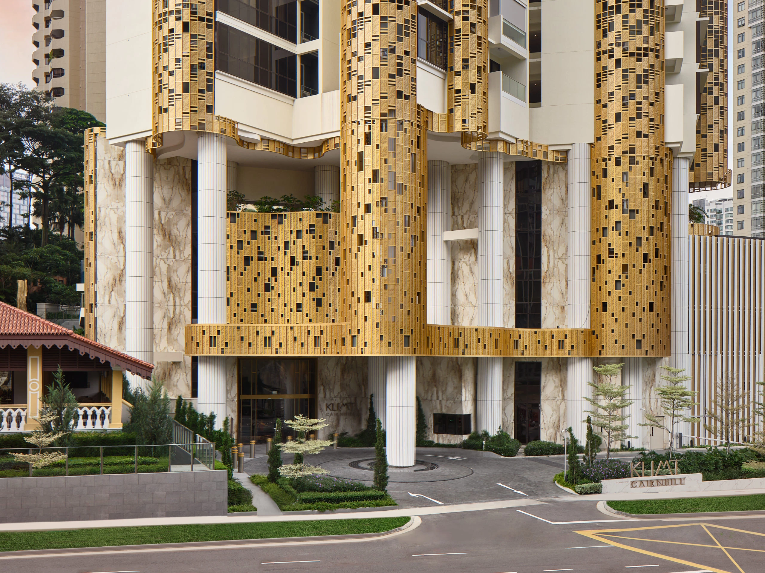 Klimt Cairnhill entrance and lower tower with Atlas Concorde gold mosaic tile facade and porte-cochère
