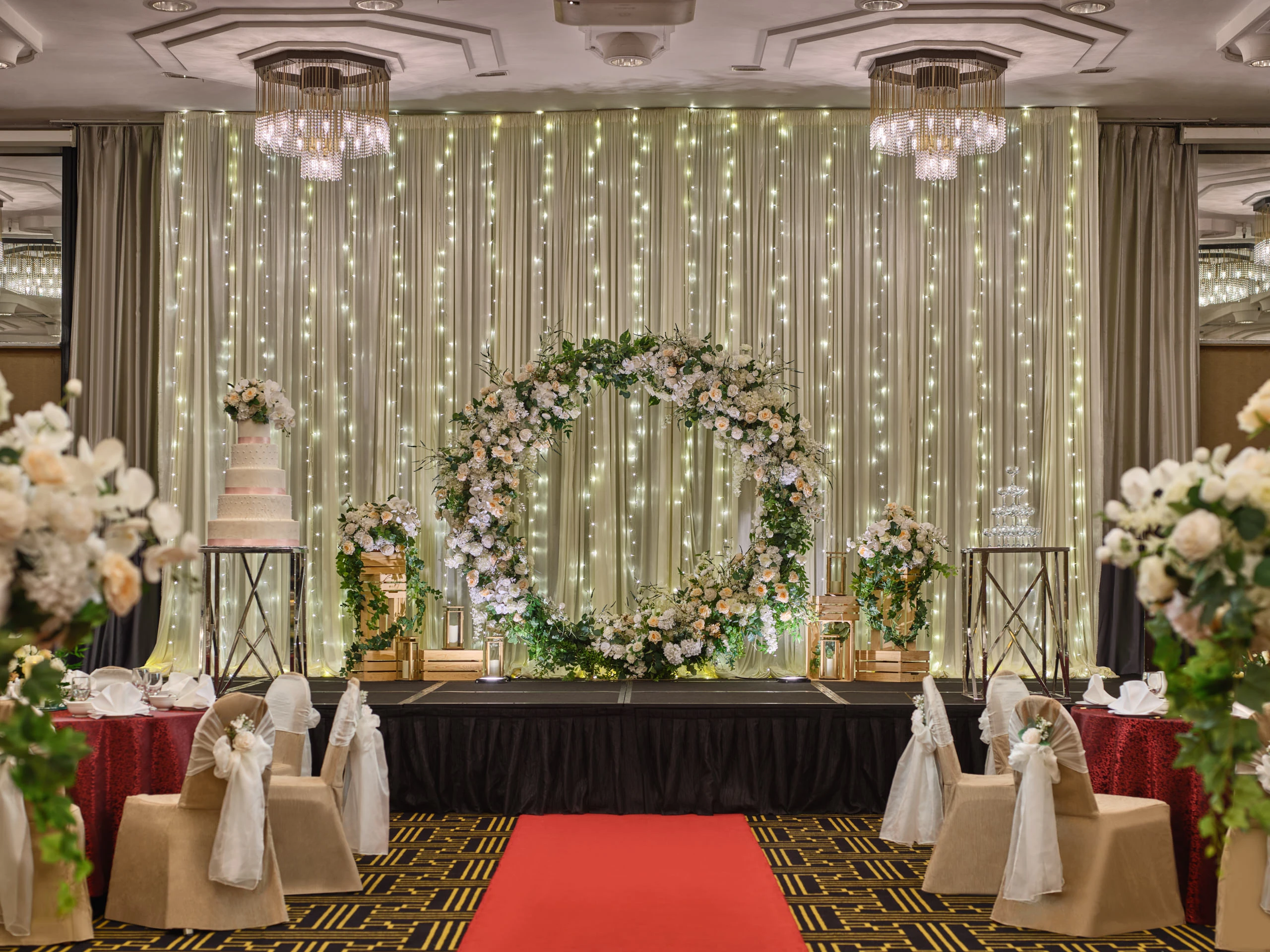 Botanical Rustic stage with leaf backdrop and natural wood frame