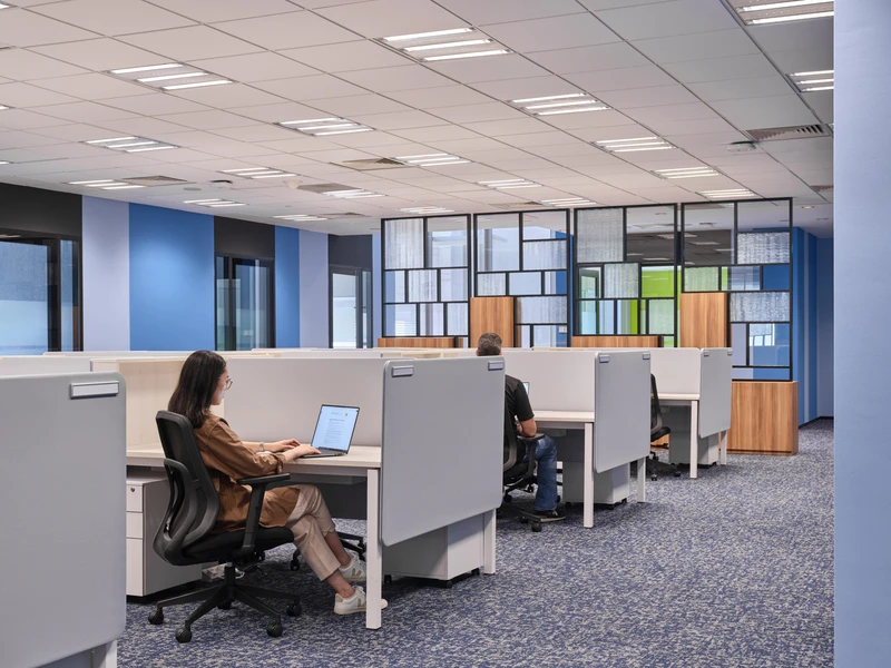 Open-plan office with partitioned desks, blue carpet and colourful glass divider wall