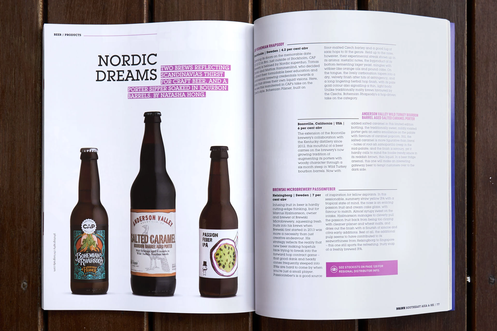 Nordic Dreams craft beer spread with three bottles and editorial layout