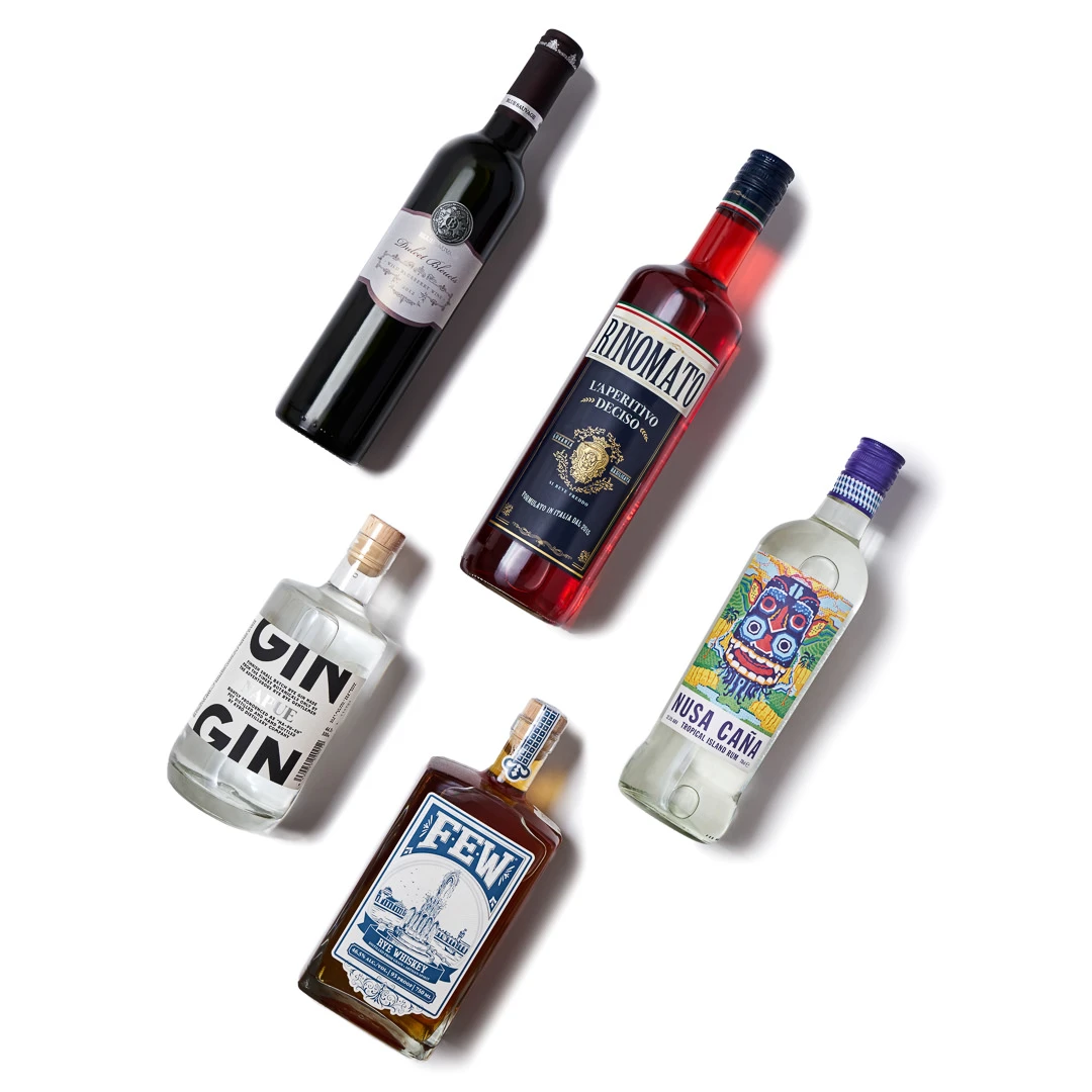 Spirits collection flat-lay with consistent spacing and drop shadows