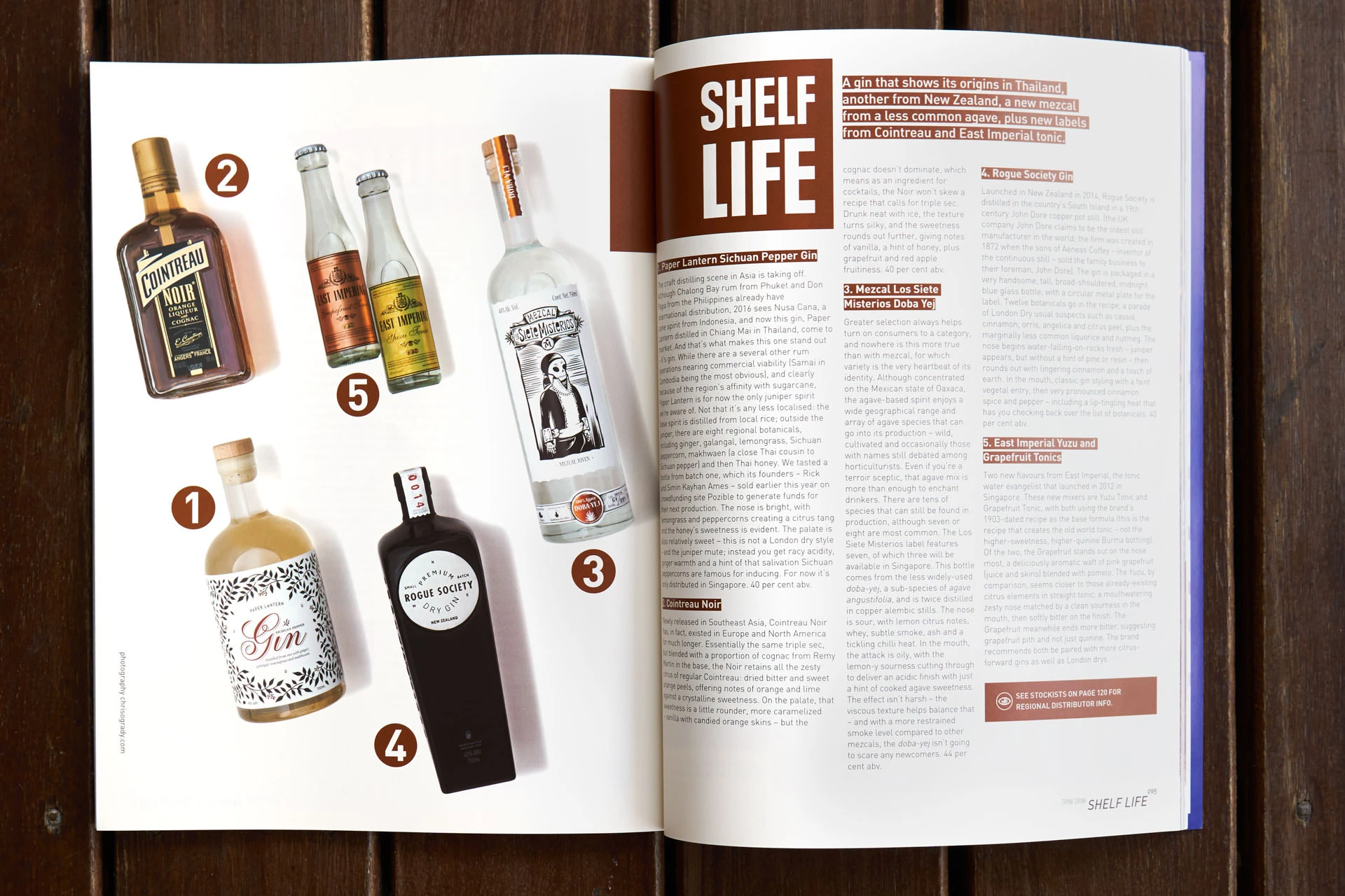 Shelf Life spirits spread with gin, mezcal and tonic bottles on white