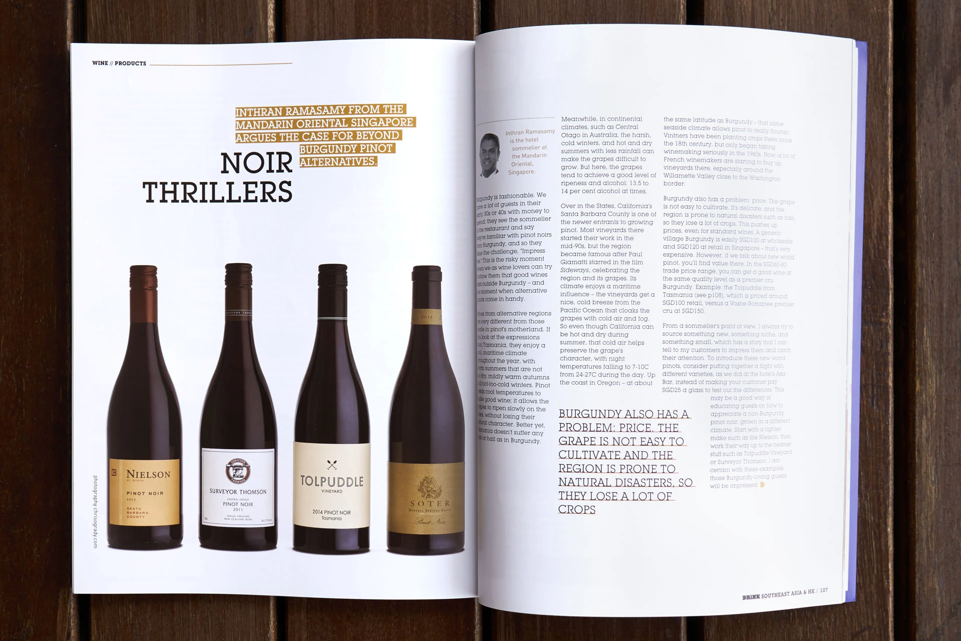 Noir Thrillers Pinot Noir spread with four bottles and gold typography