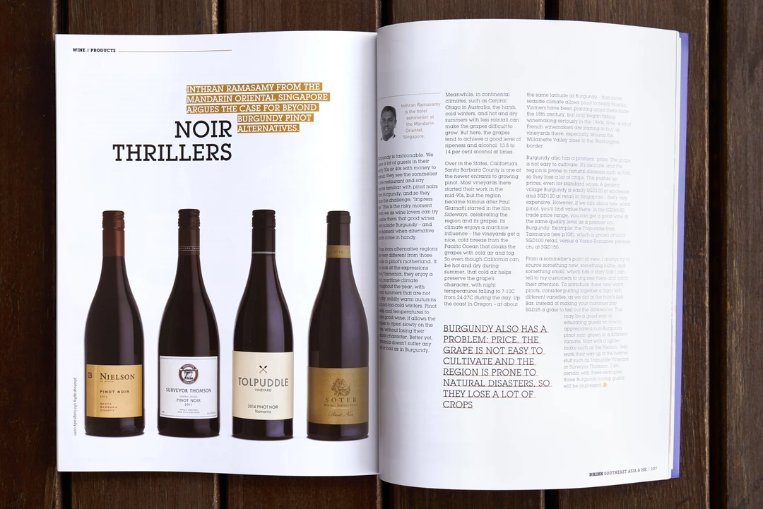 Noir Thrillers Pinot Noir spread with four bottles and gold typography
