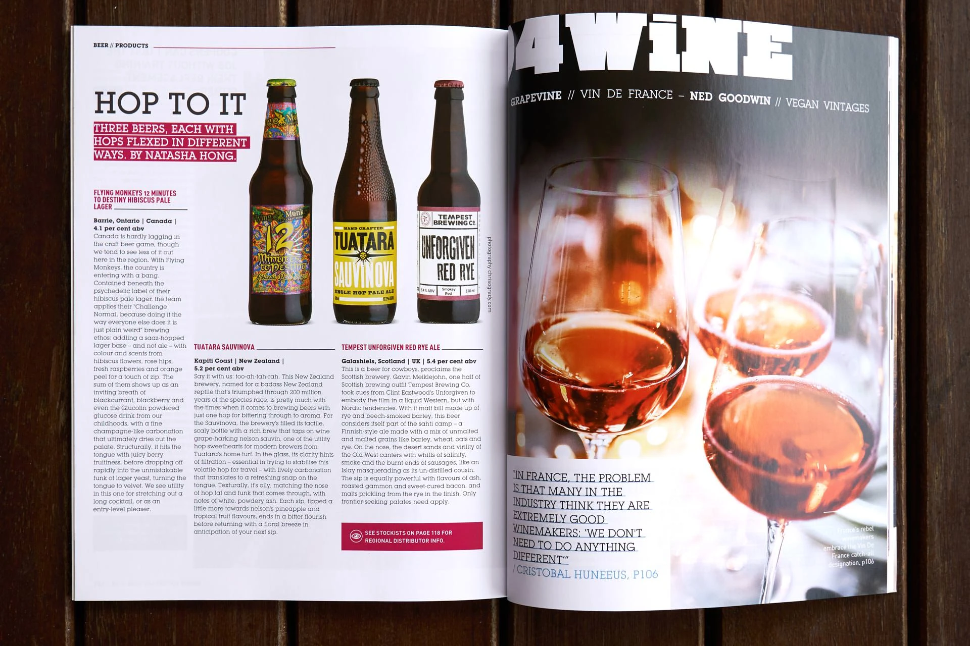 Craft beer editorial spread with bottle lineup and magazine layout