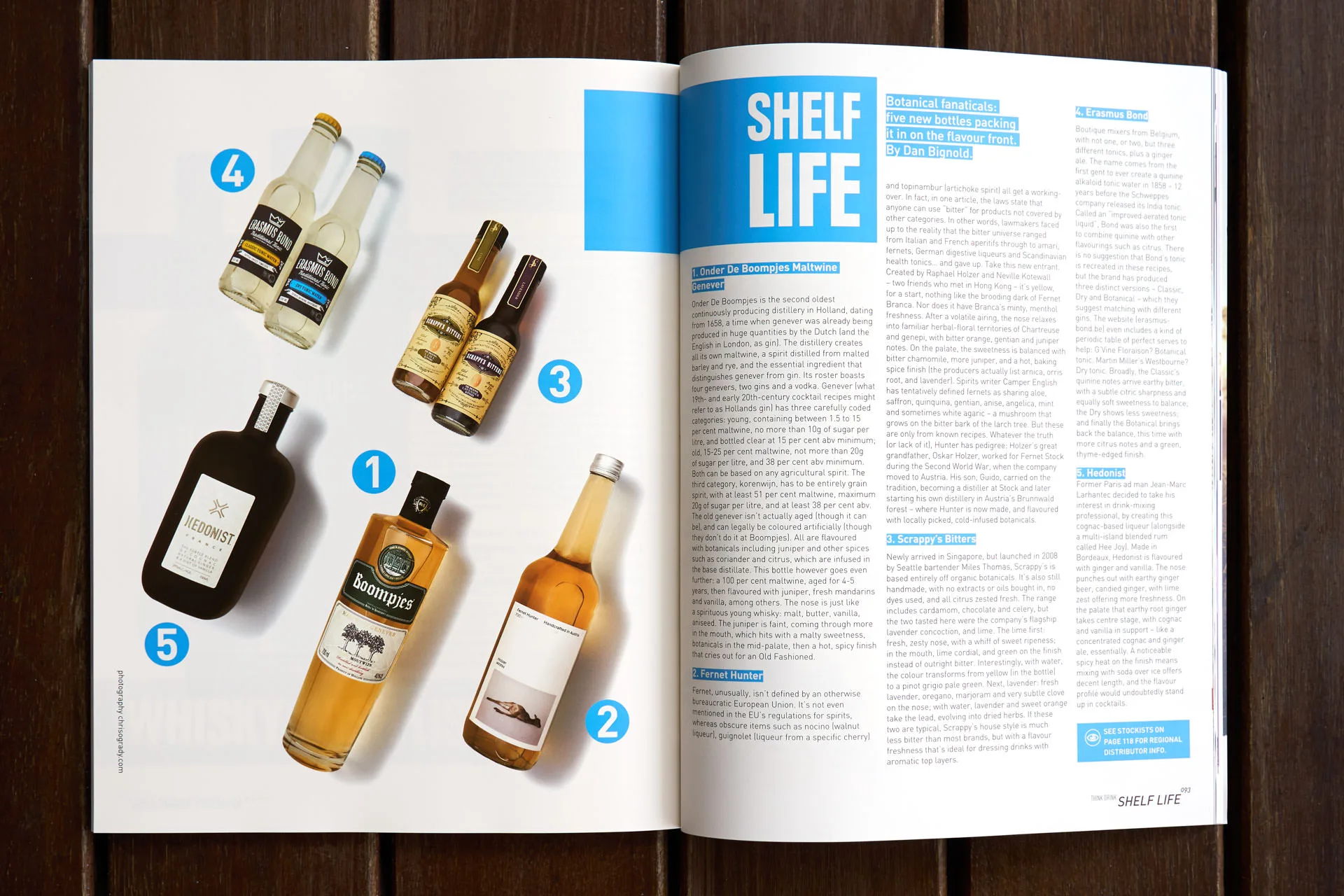 Spirits editorial spread with bottle collection and numbered callouts