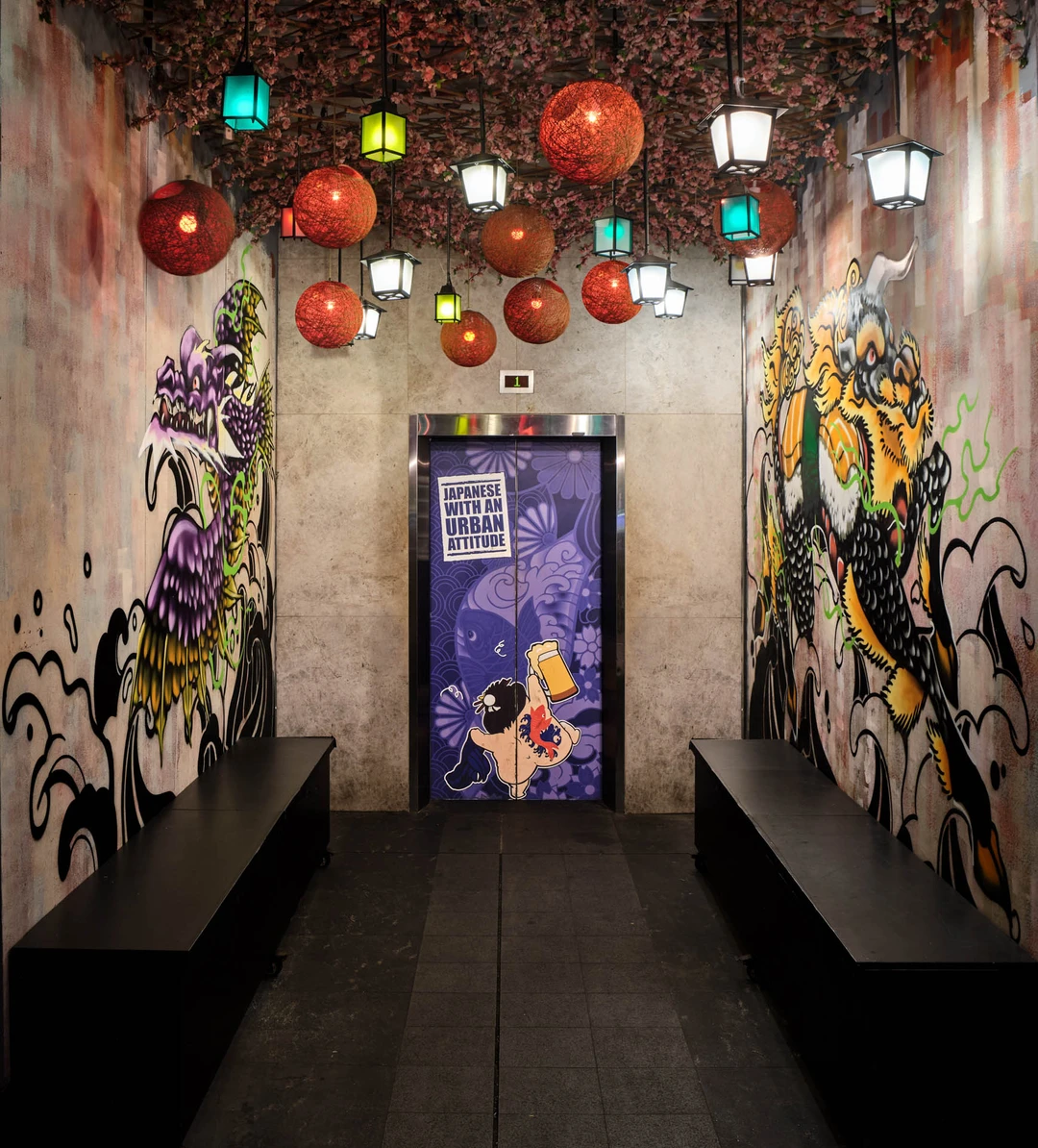 Kinki Restaurant hallway with graffiti walls