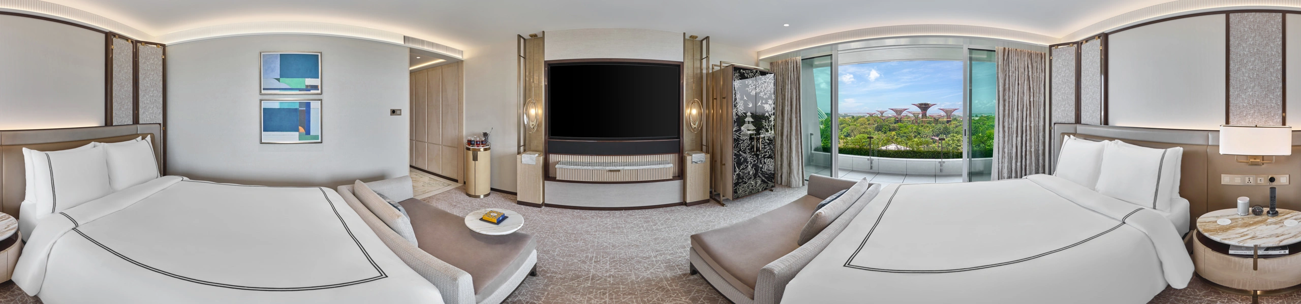 360 panorama of Marina Bay Sands premier double queen room with Gardens by the Bay views