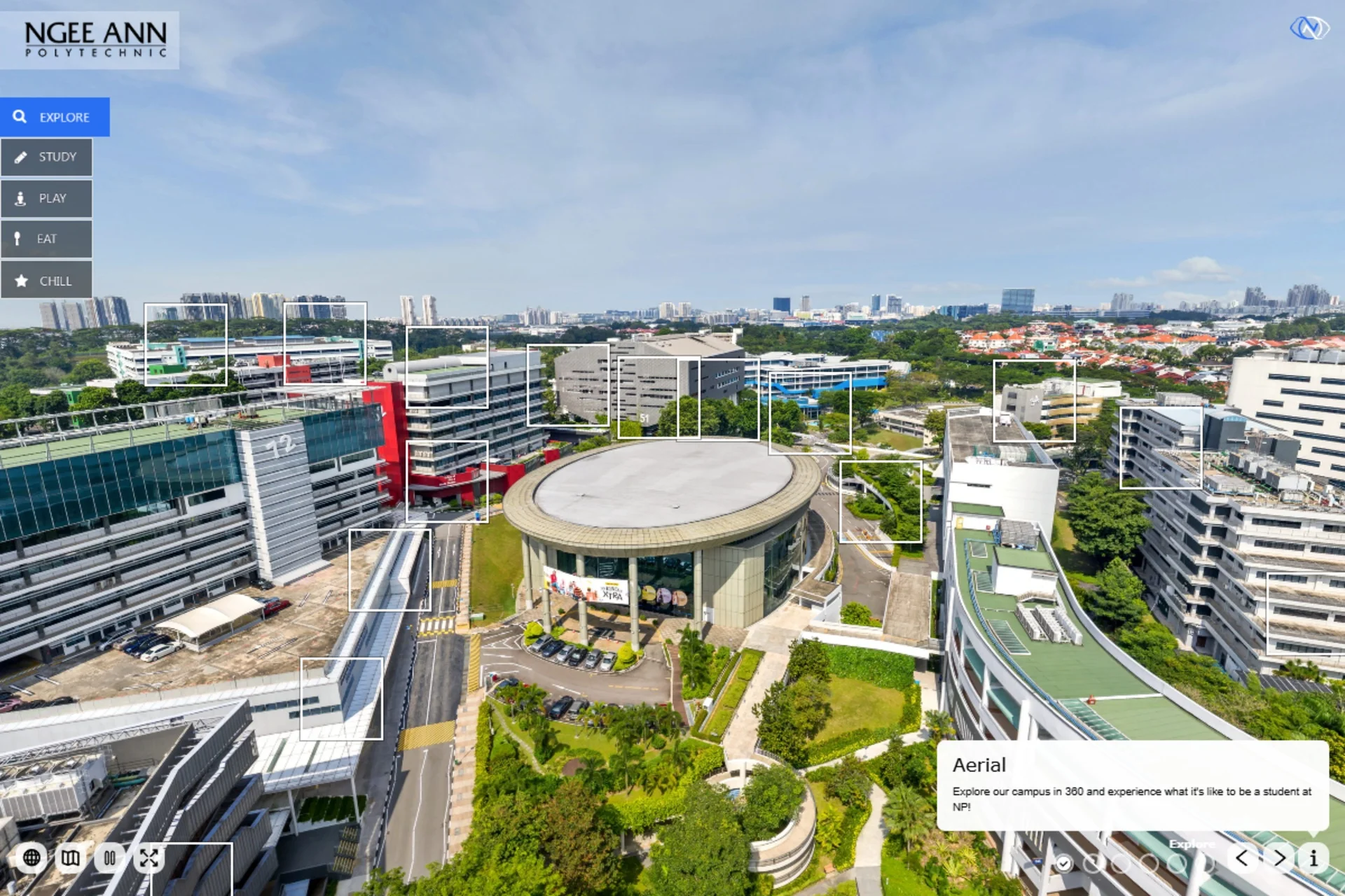 Aerial 360 view of Ngee Ann Polytechnic with campus navigation points.