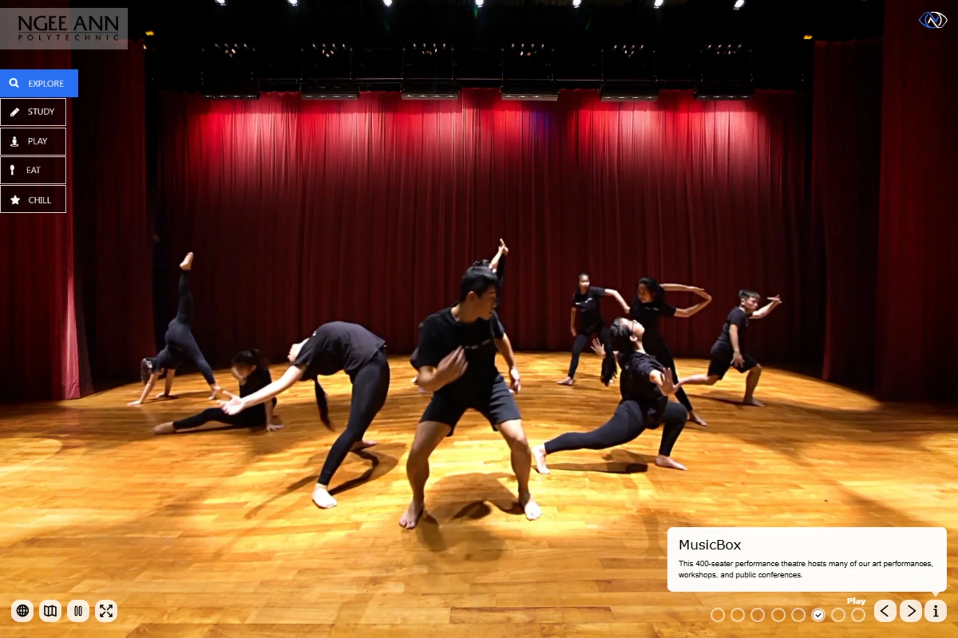 Integrated video of student dancers inside the MusicBox theatre.