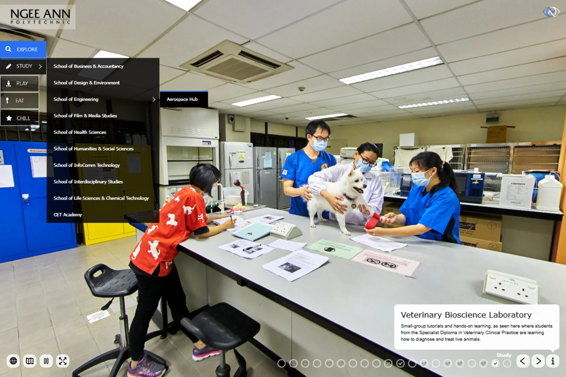 Multi-level navigation open over the Veterinary Bioscience Laboratory.