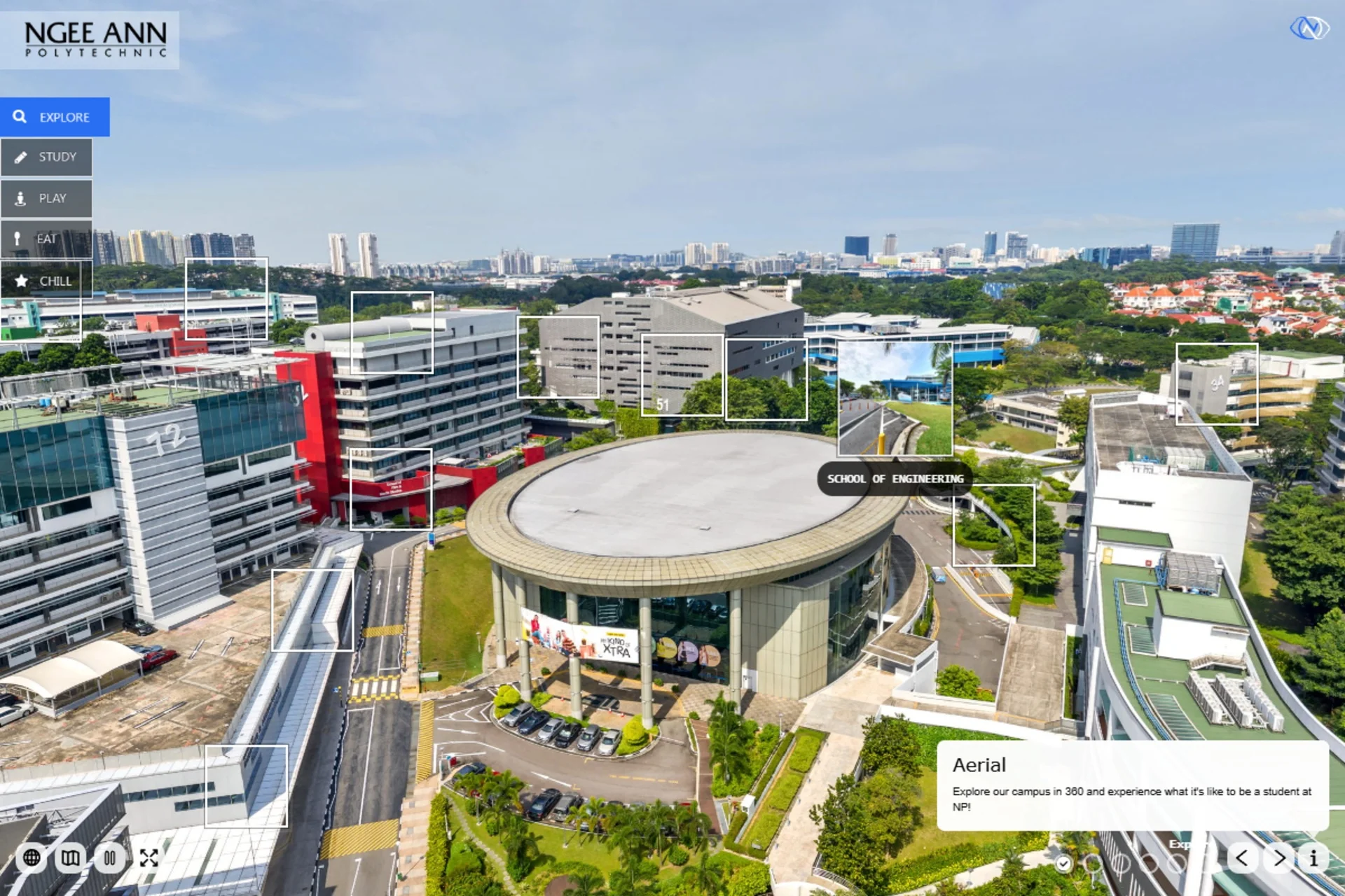 Waypoint preview showing the School of Engineering from the aerial panorama.