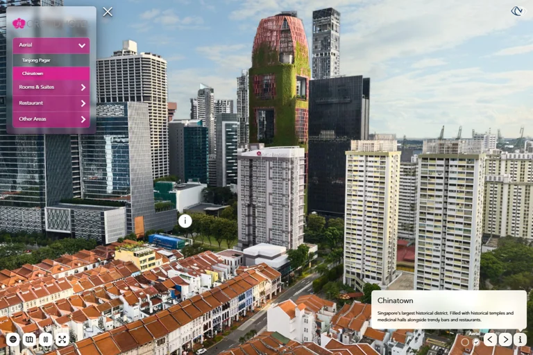 Orchid Hotel Singapore elevated Chinatown cityscape with colorful high-rises, shophouse rooftops, and Tanjong Pagar towers