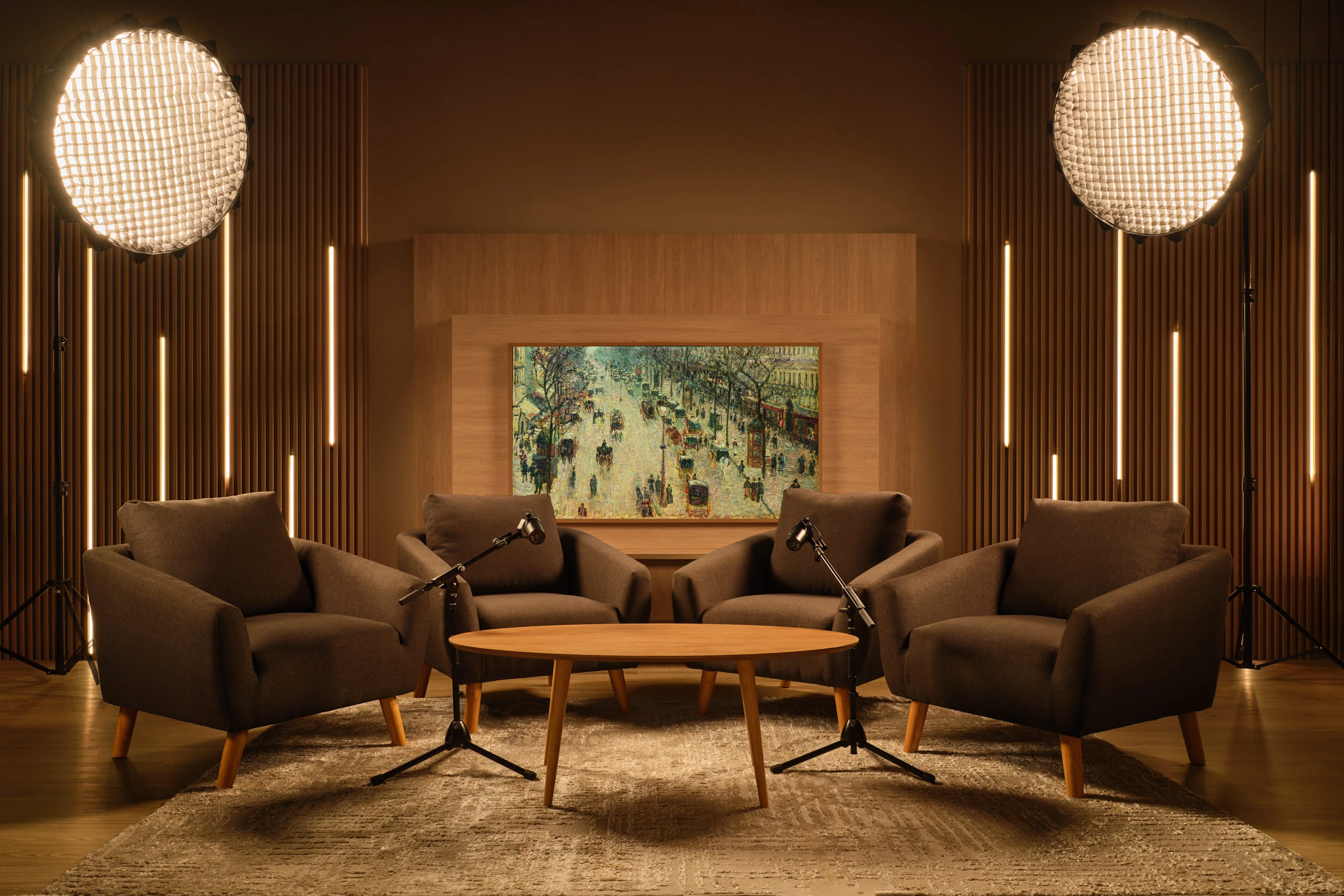 Mid-century modern podcast studio with wood slat panels and art display