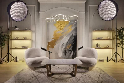 Luxury glam podcast studio with bouclé chairs, arched niche and LED chandelier