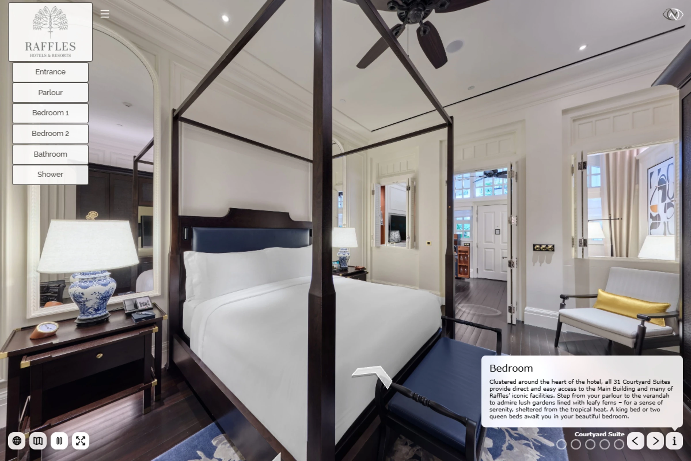 Raffles Hotel Singapore virtual tour of Courtyard Suite bedroom with four-poster bed, side menu, and suite description panel