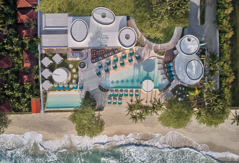 Seen Beach Club aerial showing pool, restaurant and beachfront