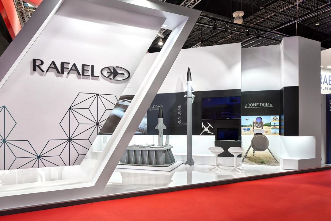 Rafael Iron Dome and Drone Dome systems at booth entrance