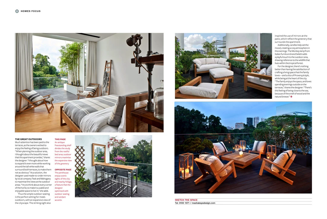 Homes Focus magazine spread with teak terrace and twilight skyline views