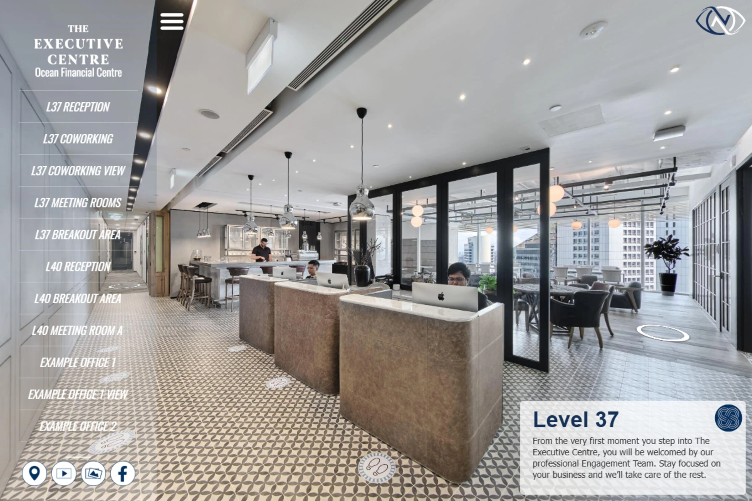 Screenshot of 360 virtual tour showing The Executive Centre coworking space at Ocean Financial Centre with marble hot desks, glass-walled meeting rooms, chrome pendant lamps, and a communal coffee bar