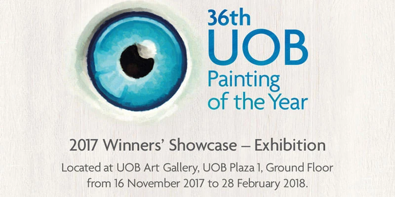 Wide-format promotional banner for the 36th UOB Painting of the Year 2017 Winners’ Showcase with a painted blue eye illustration on a white background.