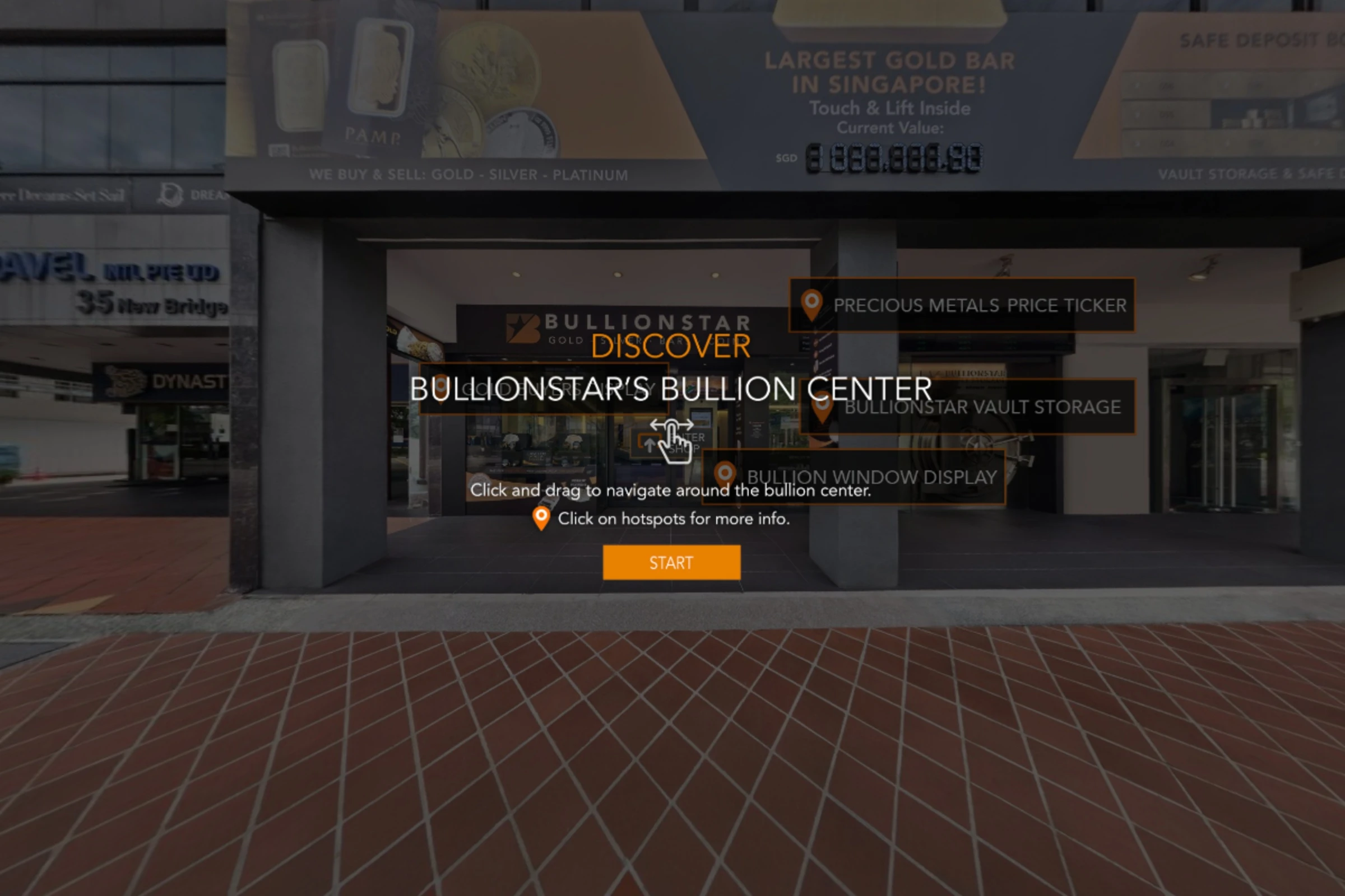 Virtual tour landing screen showing the street-level storefront of a bullion dealer with glass display windows, a vault door visible inside, and a start button overlay.