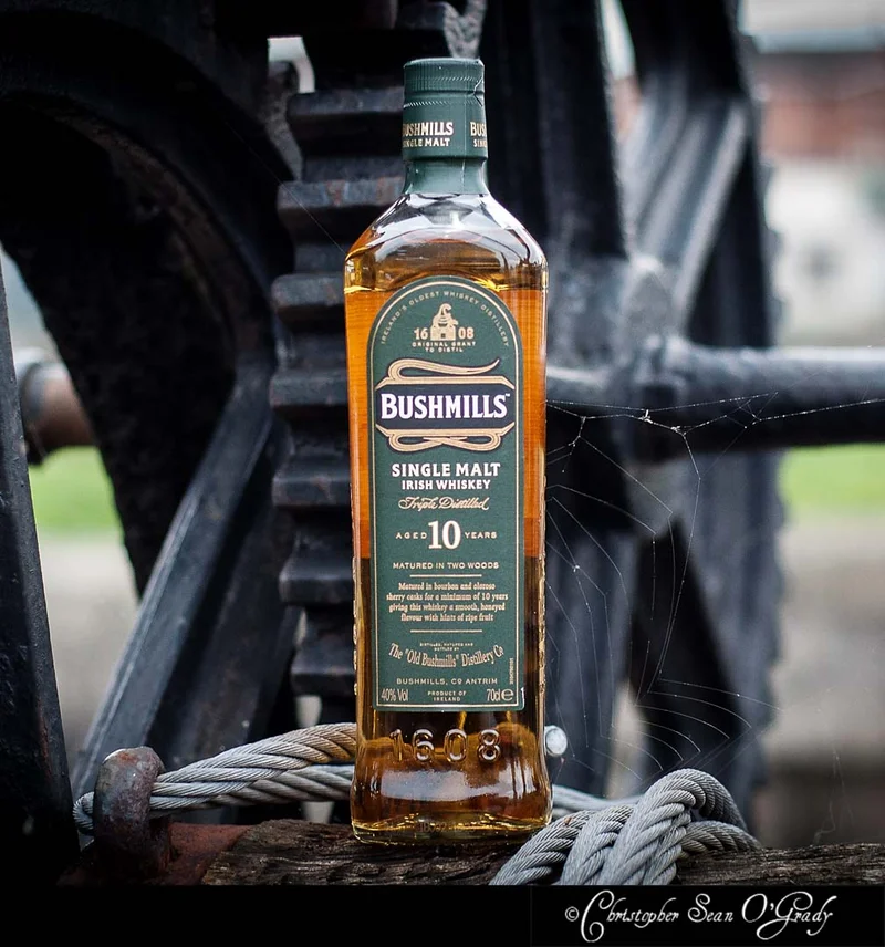 Bushmills 10 Year Single Malt Irish Whiskey at old iron gear with cobwebs