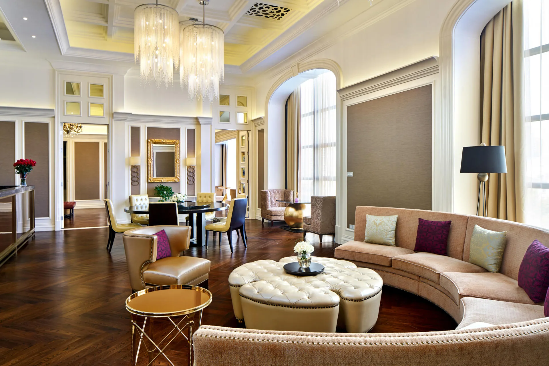 Presidential suite with crystal chandeliers, coffered ceiling and herringbone floor — Crowne Plaza Zhengzhou hotel photography