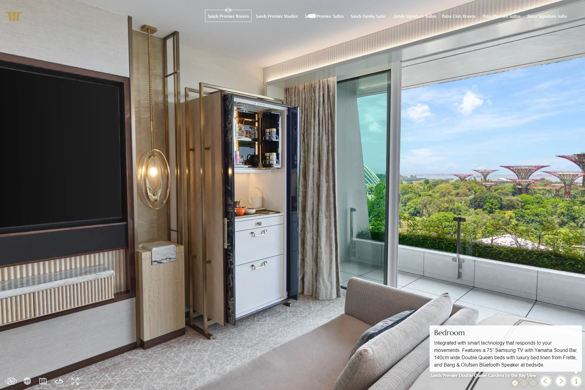Marina Bay Sands Premier Double Queen Garden View bedroom with the decorative minibar open