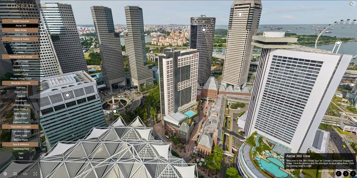 Aerial 360 panoramic view of Conrad Centennial Singapore hotel and Marina Bay surroundings