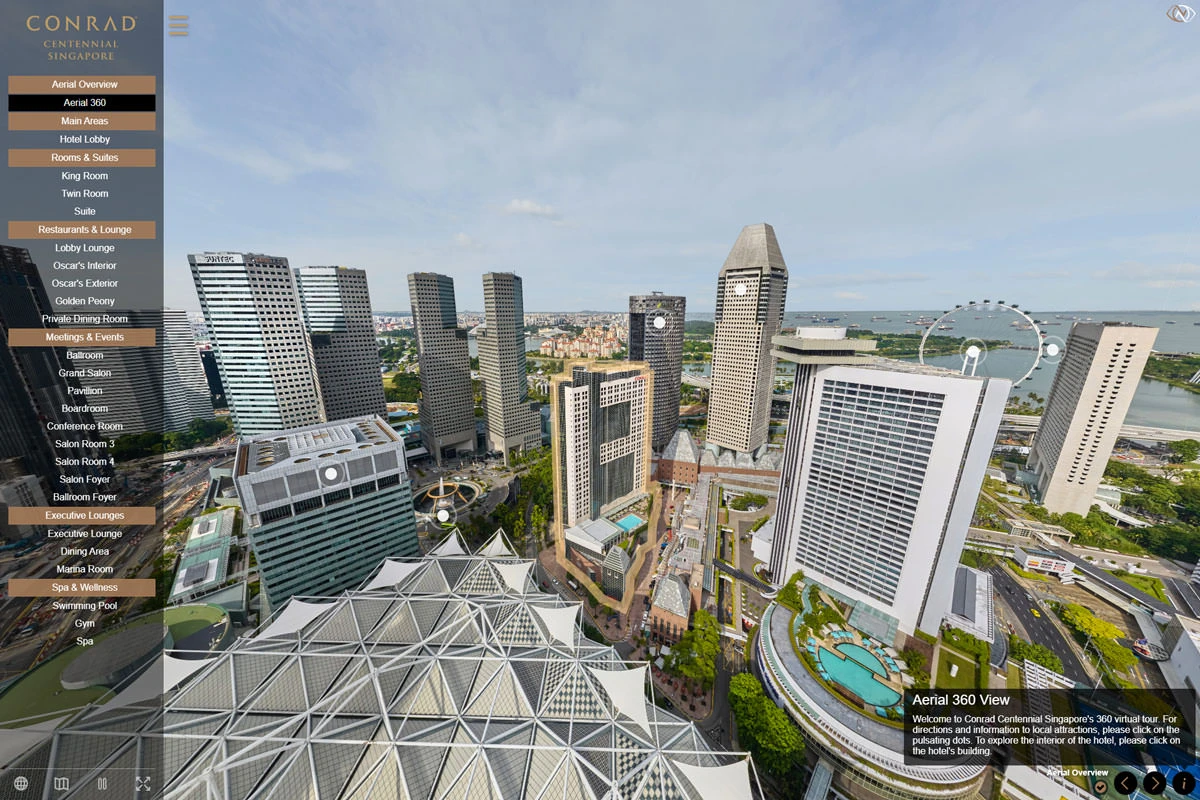 Aerial 360 panoramic view of Marina Bay skyline from Conrad Centennial Singapore