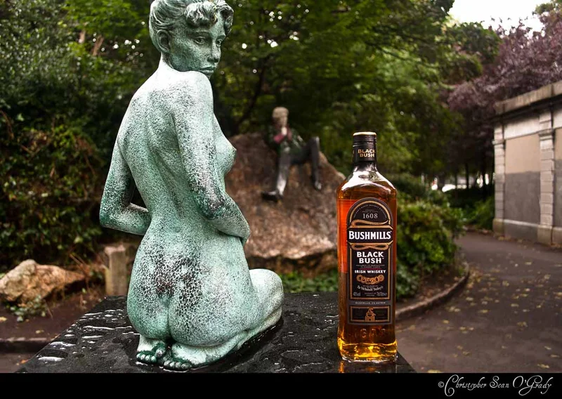 Bushmills Black Bush Irish Whiskey at a park beside a bronze statue
