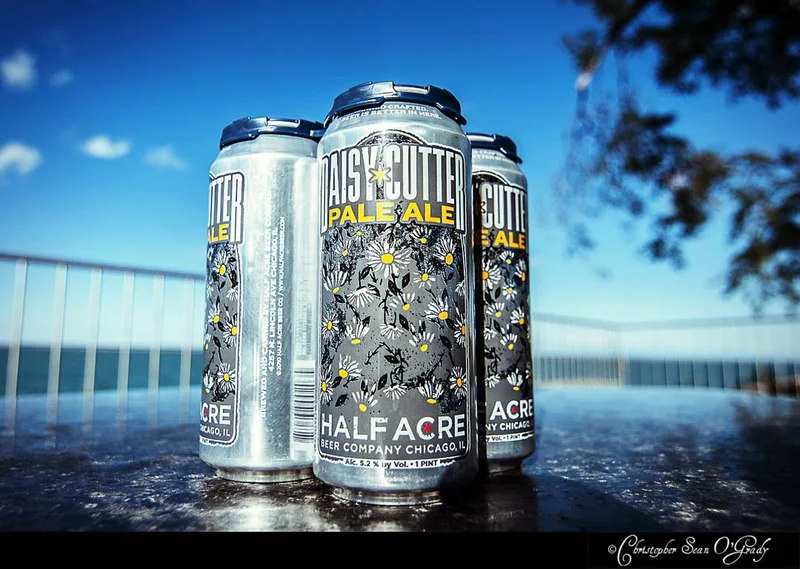 Half Acre Daisy Cutter Pale Ale cans on a table with lakeside blue sky