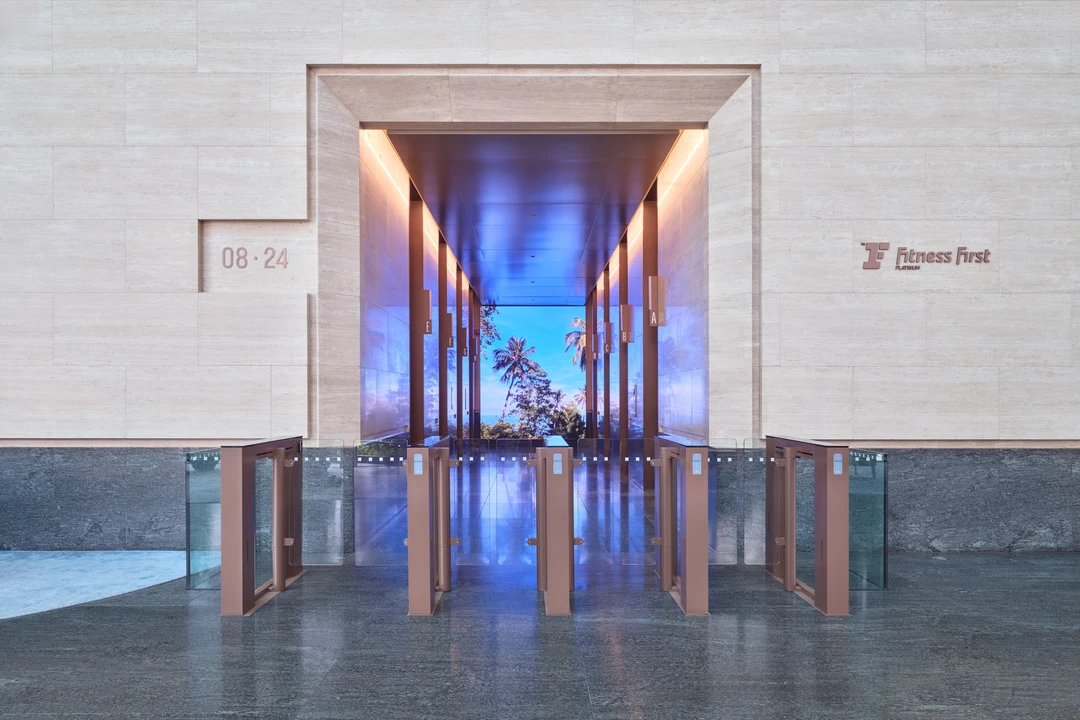 One Raffles Quay North Tower lift lobby with blue lighting