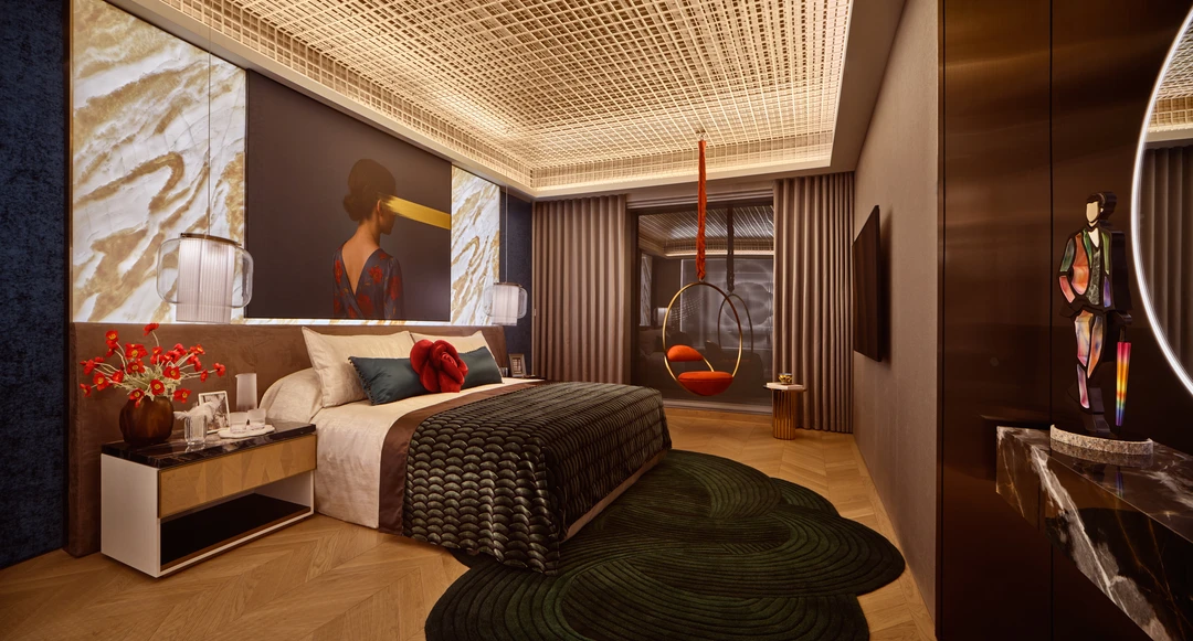 W Residences 5-bedroom showflat master bedroom with marble feature wall, lounge seating and dramatic ceiling detail