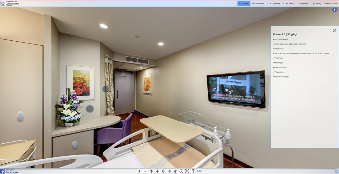 Virtual tour screenshot of a single hospital room showing a white bed, wall-mounted TV, flower arrangement, purple armchair, and room details panel.