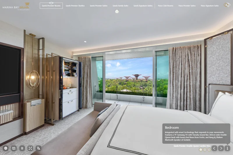 Marina Bay Sands hotel virtual tour showing Sands Premier Double Queen bedroom with garden view of Supertrees