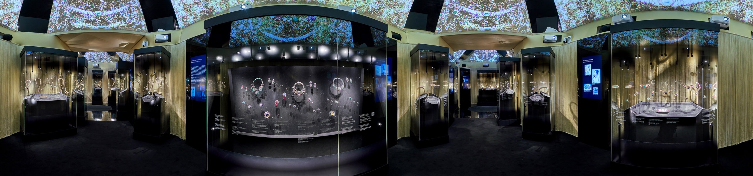 360 panorama of Bulgari Tribute to Femininity exhibition hall at the Kremlin with illuminated glass cases and chain curtain dividers